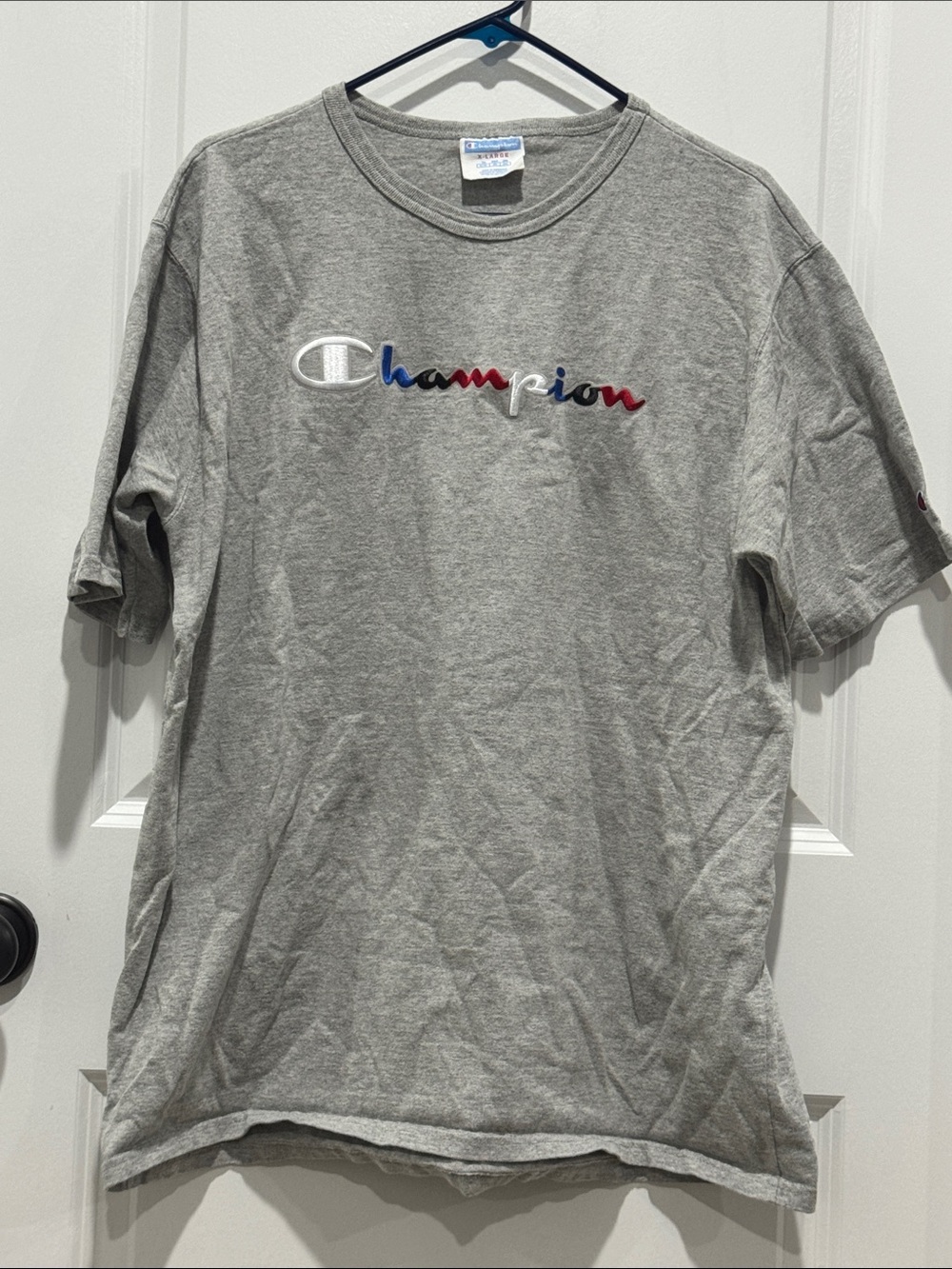 Champion Gray Short Sleeve Tee with Multicolor Script Logo